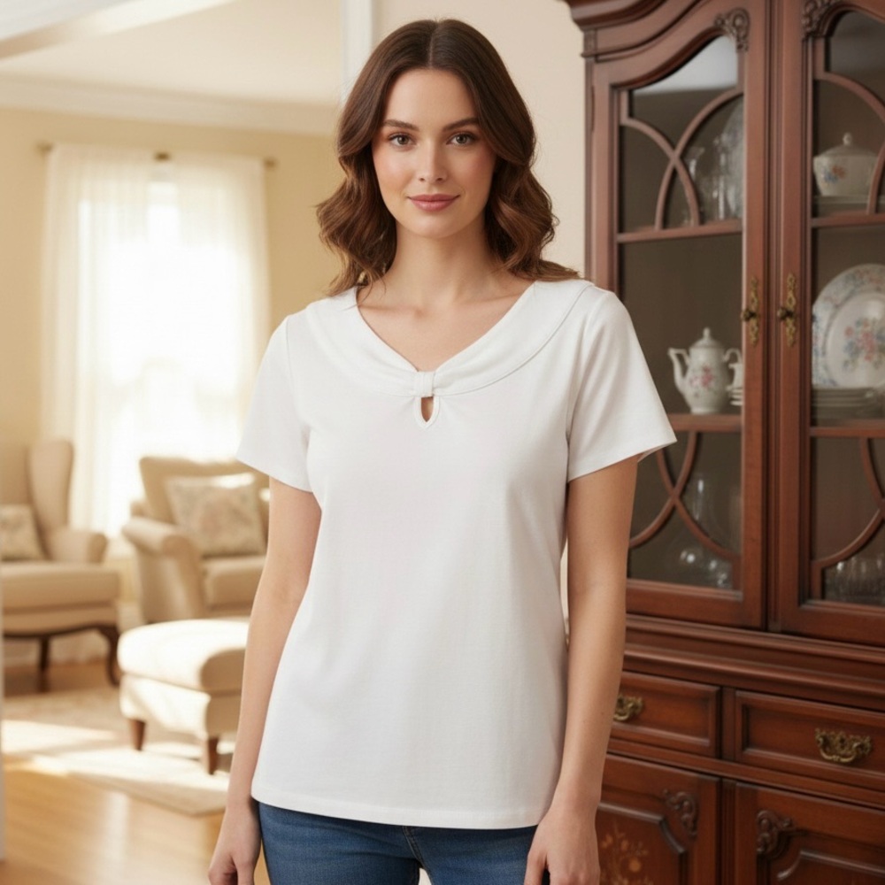 Rafaella White Short Sleeve Tee with Bow Accent 🤍